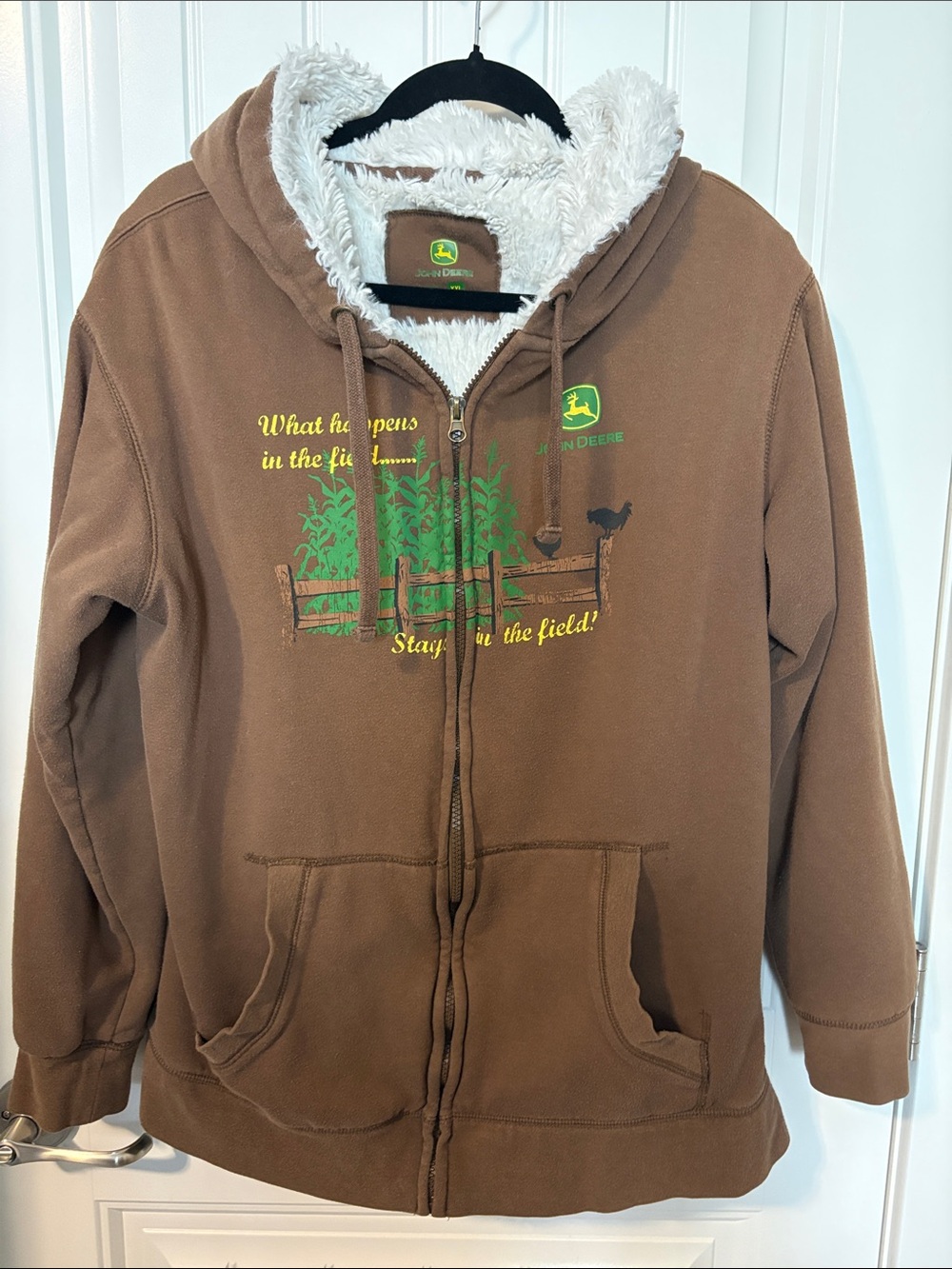 John Deere XXL Sherpa Lined Brown Full Zip Hoodie Farm Graphic